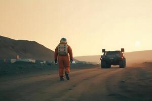 Courageous Astronaut in the Space Suit Explores Red Planet Mars Covered in Mist. Adventure. Space Travel. Neural network photo