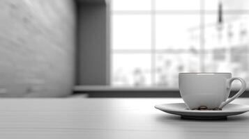 Cozy Coffee Break with a White Cup on Wooden Desk with Blurred Window copy space for text. photo