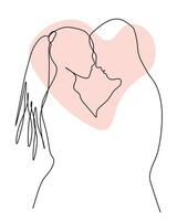 Continuous One line Drawing Romantic couple with Abstract color heart. Line art Illustration isolated on white background. Hand drawn Linear minimalist Graphic art, Love and Family concept vector