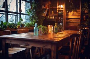 bar with a wooden counter and wooden chairs. photo