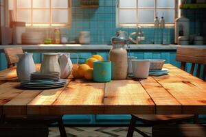 table with a blue container and a jar of lemons on it photo