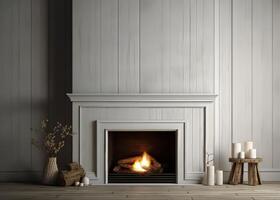 3d render cozy interior design with fireplace and firewood photo