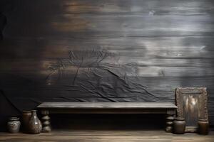 Rustic wooden table against textured plank wall with vintage accents and black cloth photo