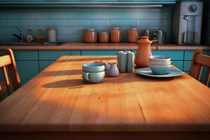 wooden table with cups and tea cups on it photo