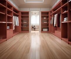 Large dressing room with elegant wooden wardrobes and wooden floors photo