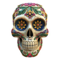 A Colorful Sugar skull with Flowers on it on Transparent Background png