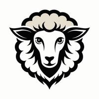 Minimalist black and white illustration of a sheeps head facing forward, eyes open, mouth closed. Simple, essential features shown. vector