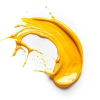 Yellow varnish on a white background, wet drop. Isolate - splashes of nail polish.Interesting and unusual strokes. photo