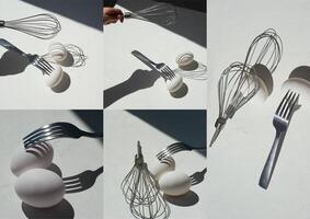 Egg with shadow from the fork. Minimalism. Cooking pastries, omelets. Easy. Whisk for whipping. Collage photo