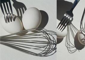 Egg with shadow from the fork. Minimalism. Cooking pastries, omelets. Easy. Whisk for whipping. Collage photo