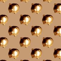 Piggy Bank pattern. Gold on a brown background. Symbol of accumulation, economy and wealth. Investing and saving. photo
