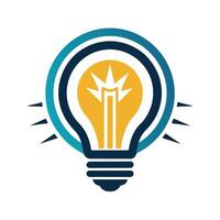 This image features an illustration of a lightbulb in a yellow, white, and blue color scheme, with a blue circle surrounding the bulb and white spikes on either side. vector