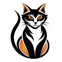 Black and orange cat with large, orange eyes sits with tail curled around hind legs, looking directly at viewer with curious expression. Bold, graphic style. vector