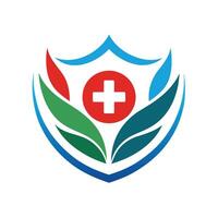 A colorful logo depicting a shield with a medical cross inside. The shield is surrounded by green leaves, symbolizing health and nature. vector