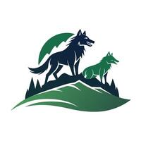 A illustration of two wolves standing on a mountain peak with a background of green foliage and mountains. vector
