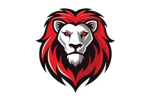 A graphic illustration of a white lion with a red mane facing forward, with a white background. The lion has a determined expression and intense red eyes. vector