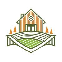 A stylized illustration of a house on a hill, with trees on either side. The house is orange and has a green roof, while the hill is green with a white background. vector