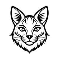 A black and white illustration of a bobcats head, featuring sharp ears, piercing eyes, and a detailed snout. vector