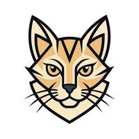 A cartoon illustration of a tabby cats head facing the viewer. The cat has a light orange and yellow coat, with black outlines. The cat is looking forward with a slight smile. vector