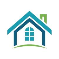 A stylized icon of a house with a blue roof and frame, green chimney, and a window with a white background. vector