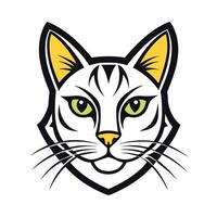 A illustration of a cats head with white fur, yellow stripes, green eyes, and a smile. The cats head is outlined in black and has a black shield shape around it. vector