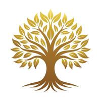 A digital illustration of a golden tree with a thick trunk, lush leaves, and a prominent root system. vector