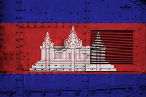 Cambodia flag depicted on side part of military armored tank closeup. Army forces conceptual background photo