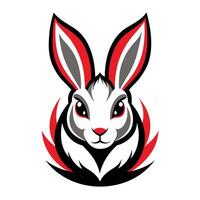 This is a close-up image of a white rabbit with red and black design. The rabbit has big eyes and a serious expression. The design is stylized and looks like a mascot. vector