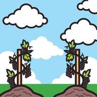 Purple grape plants colorful illustration with outline isolated on square blue sky and clouds background. Simple flat cartoon art styled drawing. vector
