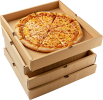 Stack of cardboard boxes with a tasty cheese pizza isolated on a transparent background png