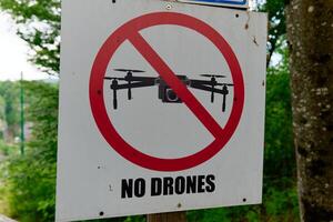 No drones sign. Forbidden to fly drones in the area. No flying controlled robots. photo