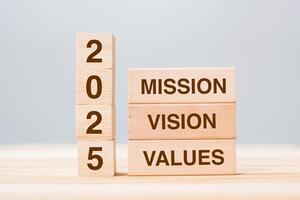 wooden block with text 2025 MISSION, VISION and VALUE on table background. Resolution, strategy, solution, goal, business and New Year holiday concepts photo