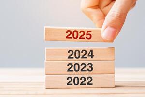 2025 block over 2024 and 2023 wooden building on table background. Business planning, Risk Management, Resolution, strategy, solution, goal, New Year New You and happy holiday concepts photo