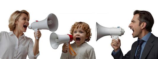A woman, a child of about 5 years old and a man in business clothes are holding a megaphone and shouting. Concept of conflict. Set of people with megaphones photo