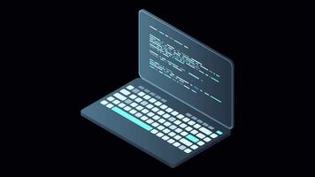Isometric laptop animation. 3d isometric laptop computer. Abstract programming language and program code on a laptop screen. Transparent background with alpha channel video