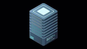 Isometric server animation. Network server room. 3D computer equipment. Storage database. Isometric technology. Transparent background with alpha channel video