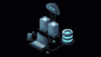 Cloud technology computing animation. Modern cloud technology. Data center isometric concept. Isometric cloud technology with datacenter. Web hosting concept. Transparent background with alpha channel video