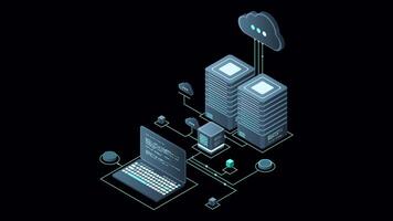 Isometric computer technology animation. Computation of big data center. Cloud computing. Online devices upload and download information. Transparent background with alpha channel video