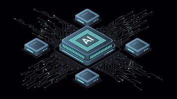 Isometric artificial intelligence chip animation. Artificial Intelligence concept. Futuristic microchip processor. Motion graphic. Transparent background with alpha channel video