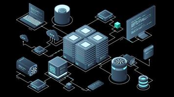 Isometric computer technology animation. Computation of big data center. Cloud computing. Online devices upload and download information. Transparent background with alpha channel video