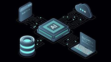 Isometric artificial intelligence chip animation. Artificial Intelligence server. Futuristic microchip processor. Isometric cloud computing. Transparent background with alpha channel video