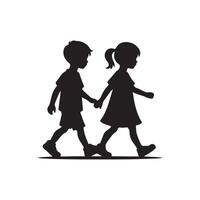 two children walking silhouette vector