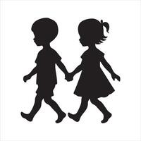 two children walking silhouette vector