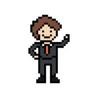 Cute pixel cartoon 8bit character business man businessman smart game for decoration business 8 bit male career smart character game. vector