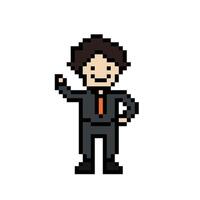 Cute pixel cartoon 8bit character business man businessman smart game for decoration business 8 bit male career smart character game. vector
