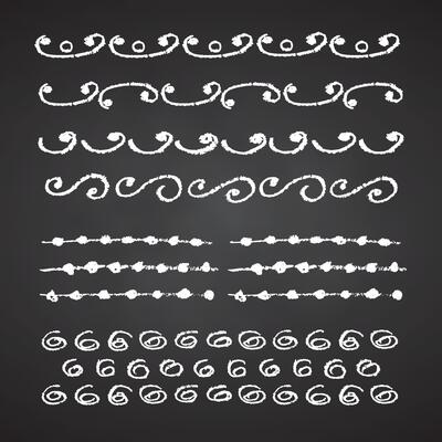 Charcoal pencil hand drawing curly lines. Swishes, swashes, swoops, swooshes, scribbles and squiggles White chalk elements on Black chalkboard Grunge crayon doodles texture stroke illustration
