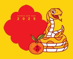 Chinese New Year 2025 with empty space background. Cartoon cute snake with tangerine greetings Illustration vector