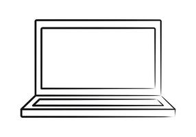 Sketch of open laptop. Pencil-drawn portable personal computer. Simple contour technique. Linear Technology for office, IT and home. Display, screen. Front view. Isolated illustration vector