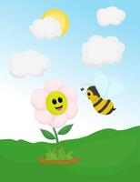 cartoon honey bee and flower in the grass field with a cloudy blue sky as a background vector