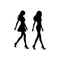 silhouettes of women standing and walking business people, black color isolated on white background vector